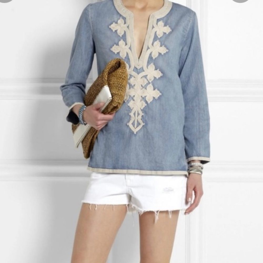 J. Crew Light Blue Denim Tunic with Cream Embroidered Trim